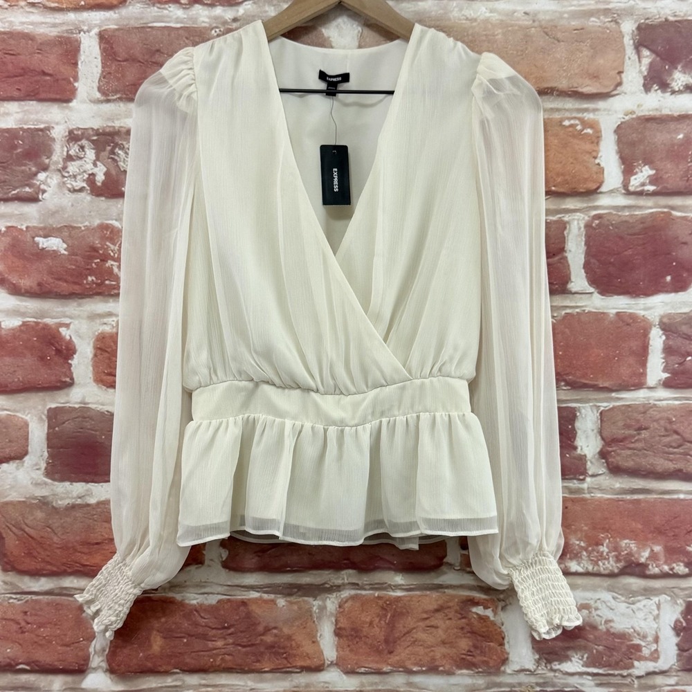 Express Top Women's Small Cream Chic Chiffon Surplice Wrap Casual Career Shirt